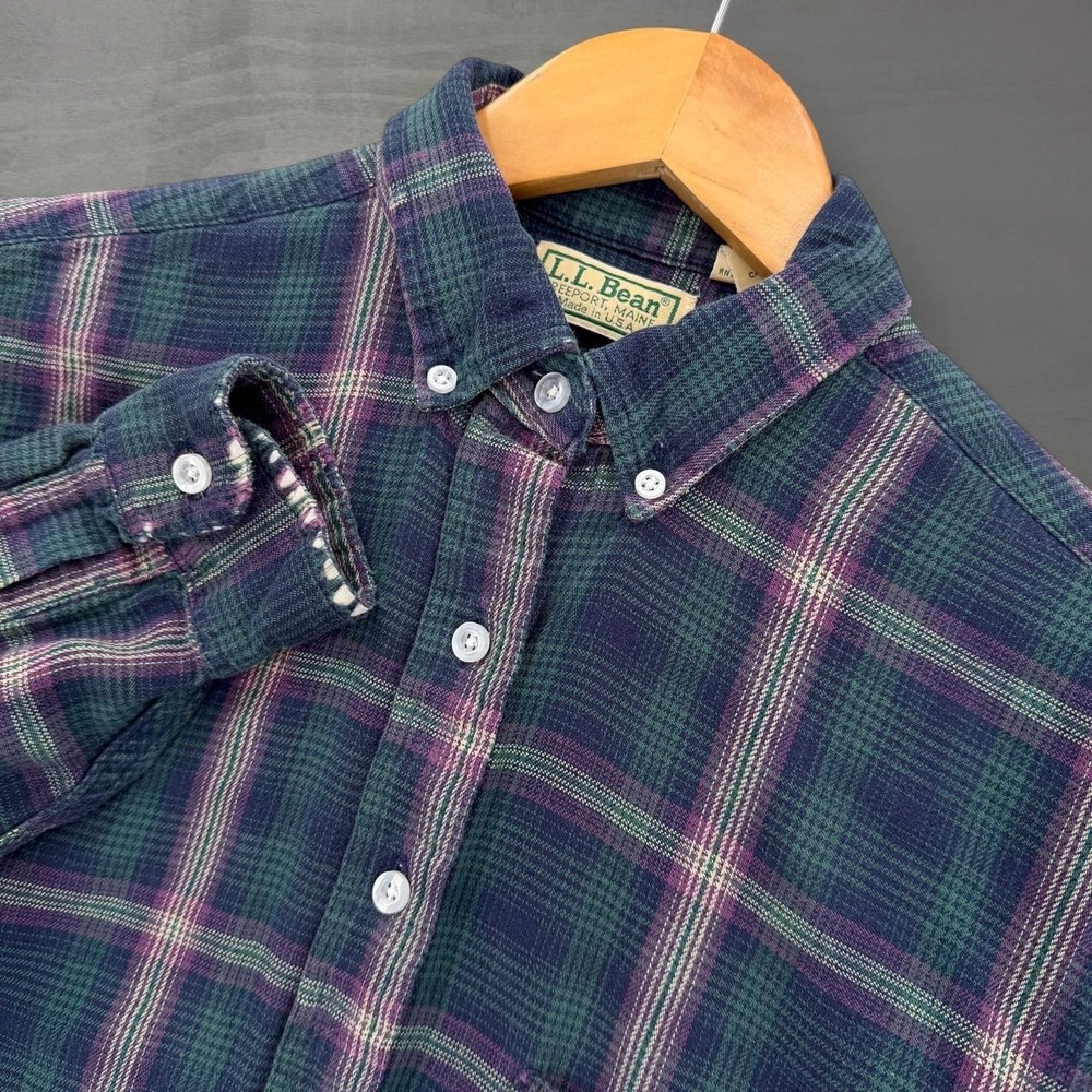 Vintage L.L.Bean Flannel Shirt Green Purple Plaid Button Up USA Women's Small